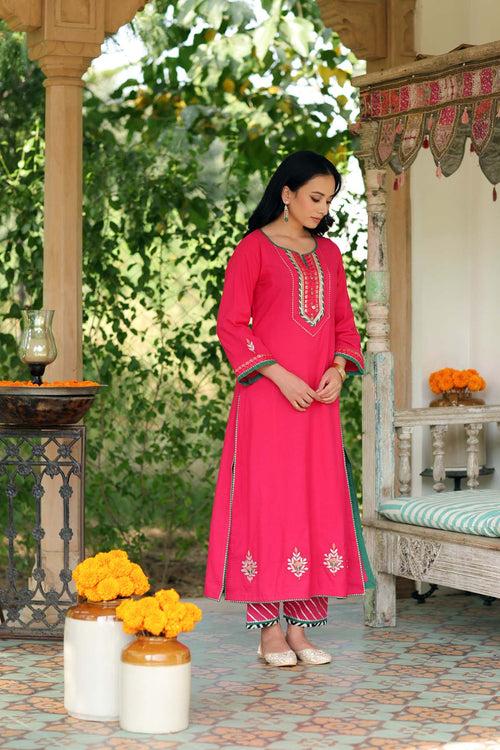 Rani Color A-Line Kurta In Handloom Cotton