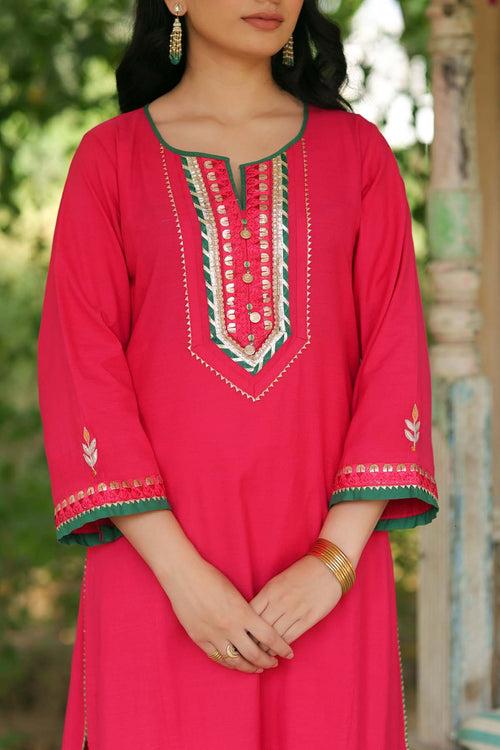 Rani Color A-Line Kurta In Handloom Cotton