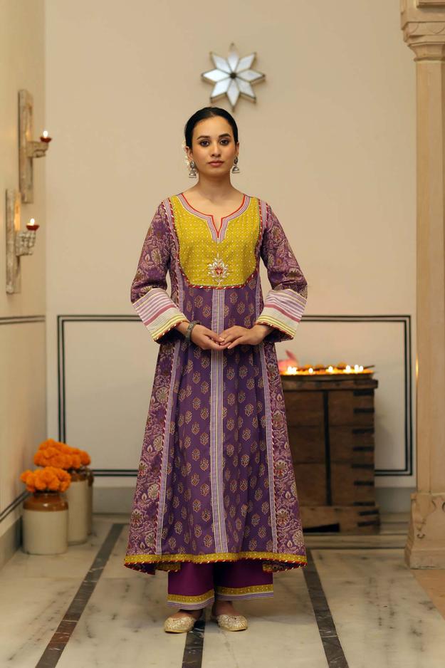 Long Length A-Line Kurta In Purple Cotton Fabric