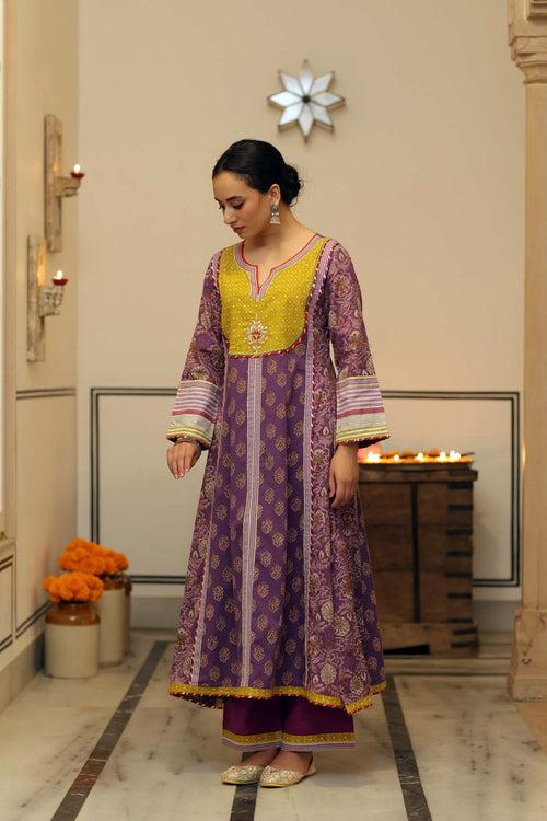 Long Length A-Line Kurta In Purple Cotton Fabric