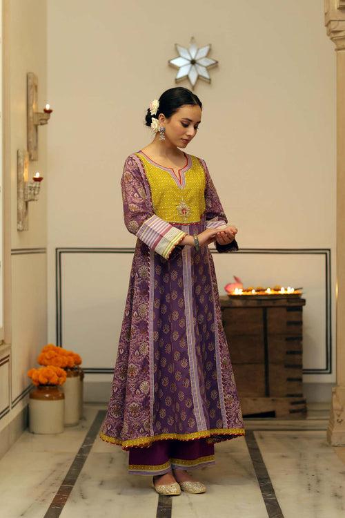 Long Length A-Line Kurta In Purple Cotton Fabric