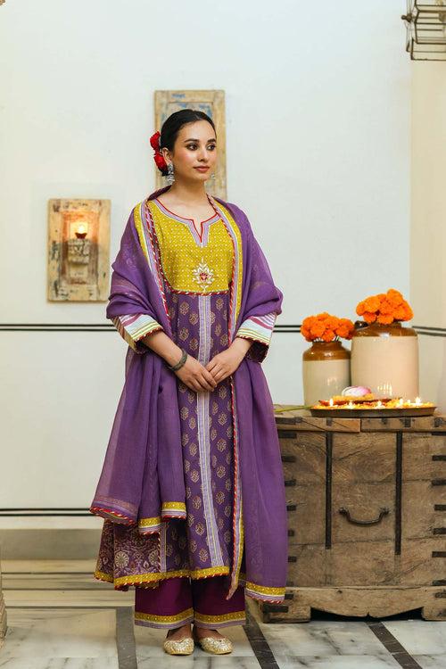 Long Length A-Line Kurta In Purple Cotton Fabric