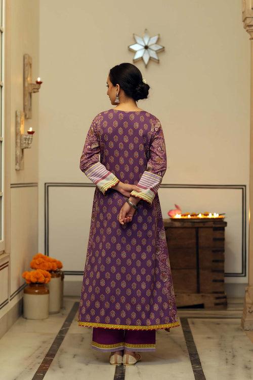 Long Length A-Line Kurta In Purple Cotton Fabric