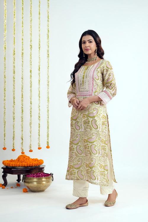 Cream Straight Fit Kurta/Dupatta Set In Chanderi Fabric