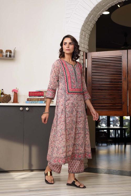 A-Line Kurta/Pant Set In Peach Handblock Cotton Fabric