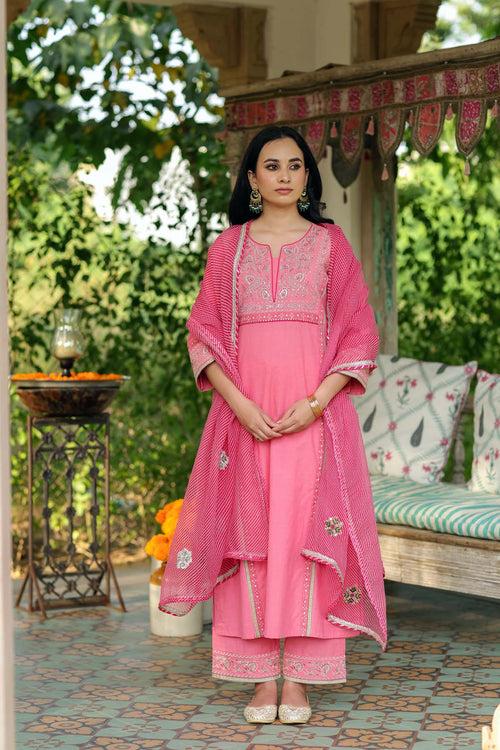 Straight Fit Kurta/Pant Set In Pink Handloom Cotton