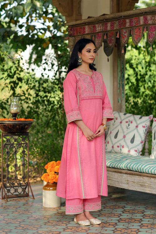 Straight Fit Kurta/Pant Set In Pink Handloom Cotton