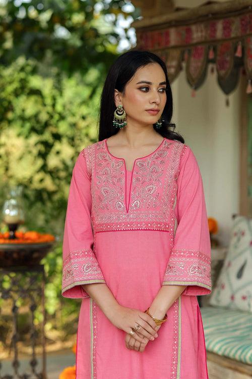 Straight Fit Kurta/Pant Set In Pink Handloom Cotton