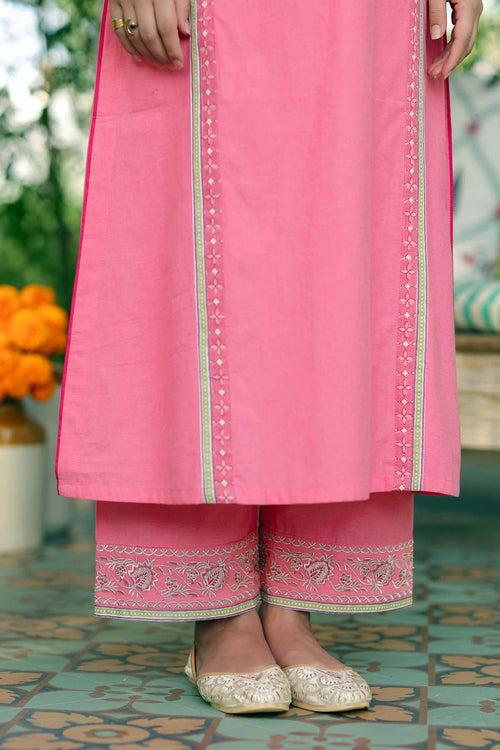 Straight Fit Kurta/Pant Set In Pink Handloom Cotton