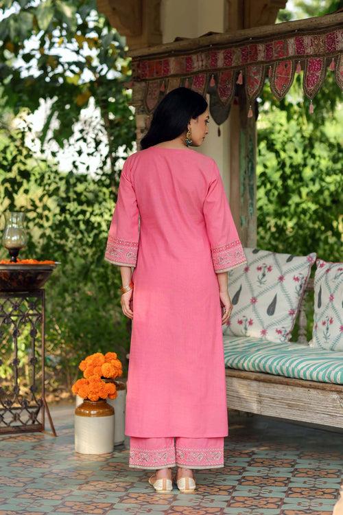 Straight Fit Kurta/Pant Set In Pink Handloom Cotton