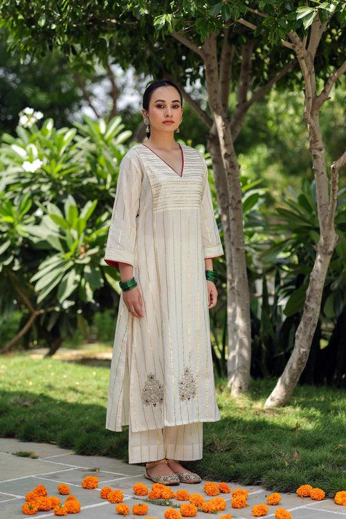 Cream Striped A-Line Kurta/Pant Set In Lurex Cotton