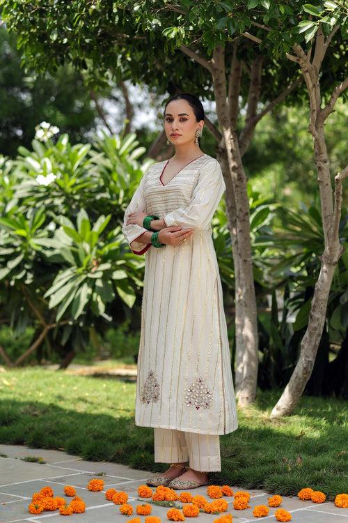 Cream Striped A-Line Kurta/Pant Set In Lurex Cotton