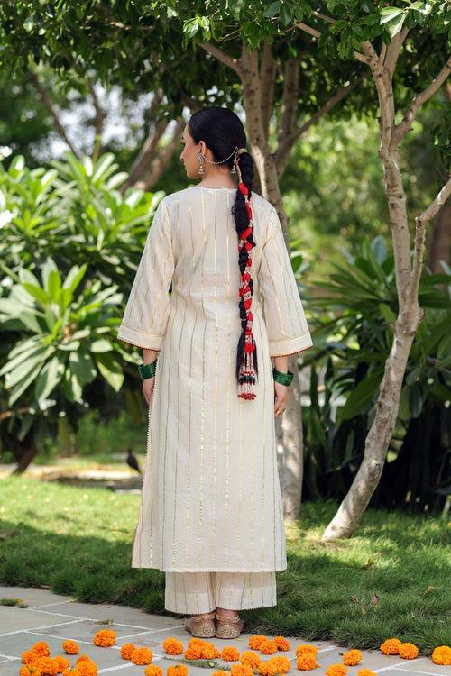 Cream Striped A-Line Kurta/Pant Set In Lurex Cotton