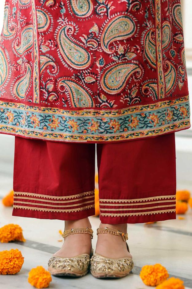 Deep red Straight Fit Pant With Gota Work