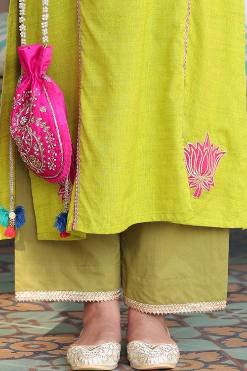 Mehndi Color Straight Pant With Gota Border