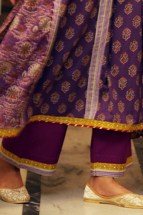 Purple Straight Fit Pant With Fabric border