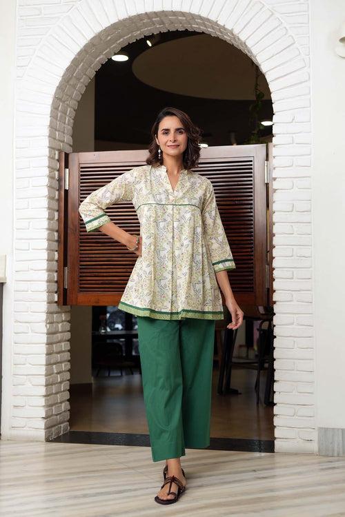 A-Line Short Length Collared Kurti In Cream Color