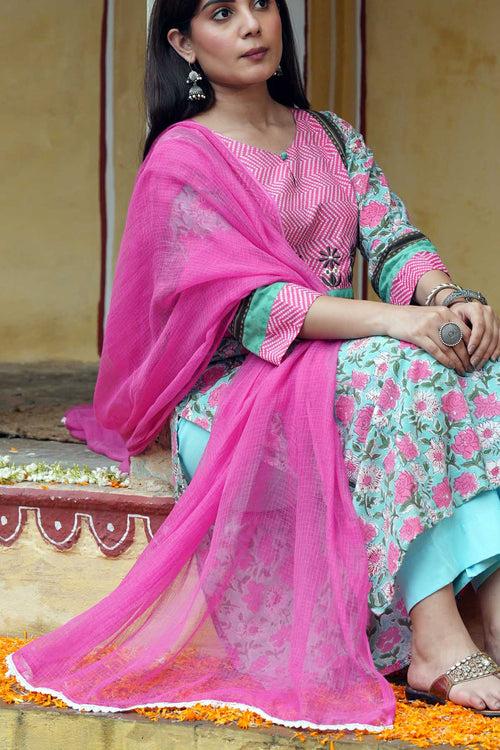 Pink Kotadoriya Dupatta with Lace Border