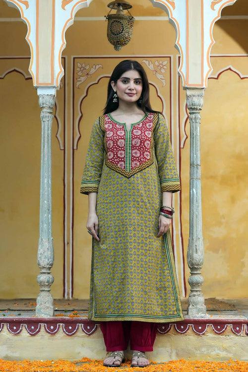 Mustard Green A-Line Kurta In Cotton Fabric