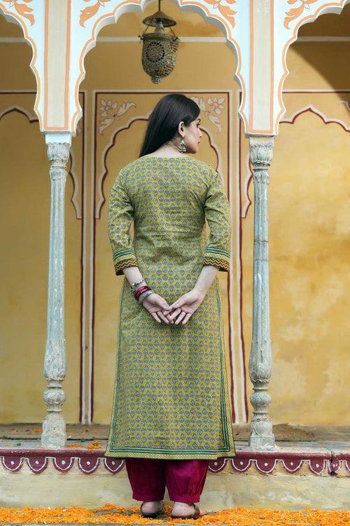 Mustard Green A-Line Kurta In Cotton Fabric