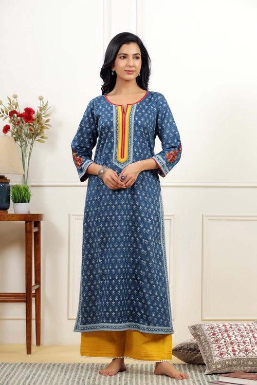 Straight Fit Kurta In Blue Buti Print