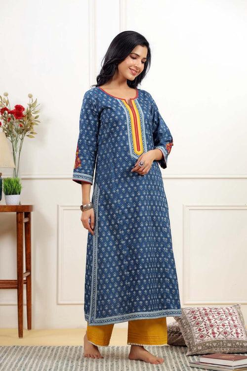 Straight Fit Kurta In Blue Buti Print