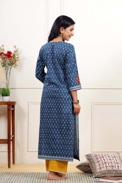 Straight Fit Kurta In Blue Buti Print