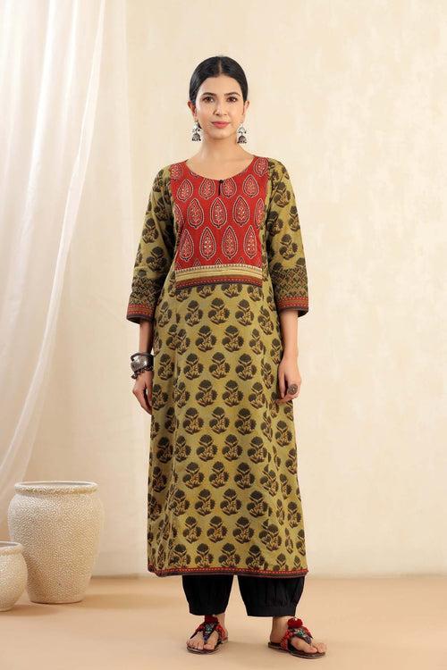 A-Line Kurta In Mehndi Green Buta Print