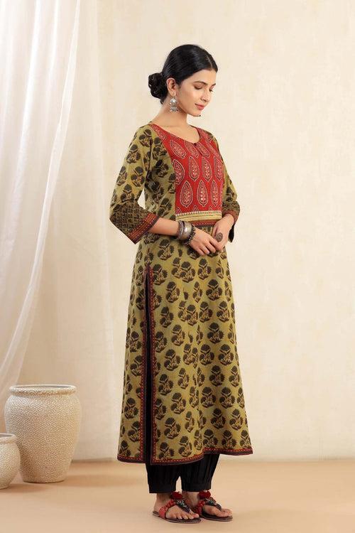 A-Line Kurta In Mehndi Green Buta Print