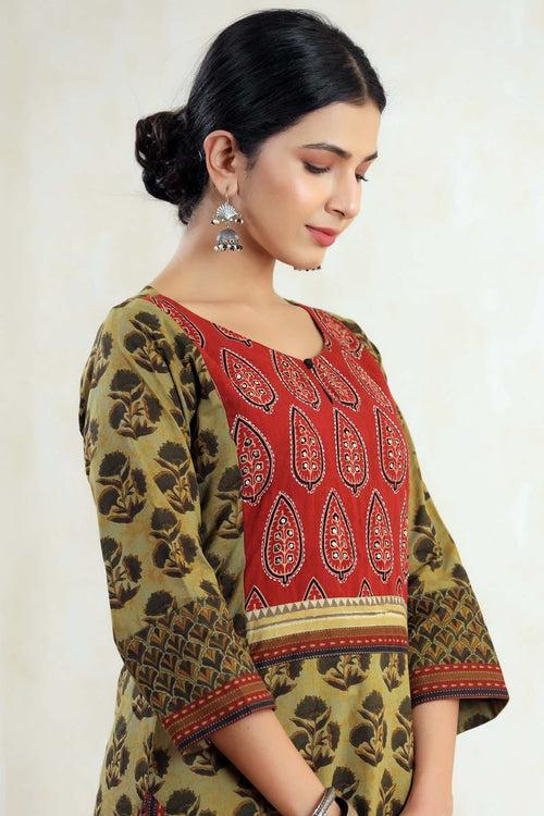 A-Line Kurta In Mehndi Green Buta Print