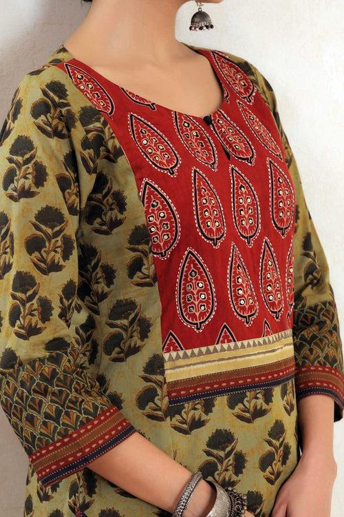 A-Line Kurta In Mehndi Green Buta Print