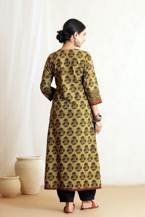 A-Line Kurta In Mehndi Green Buta Print