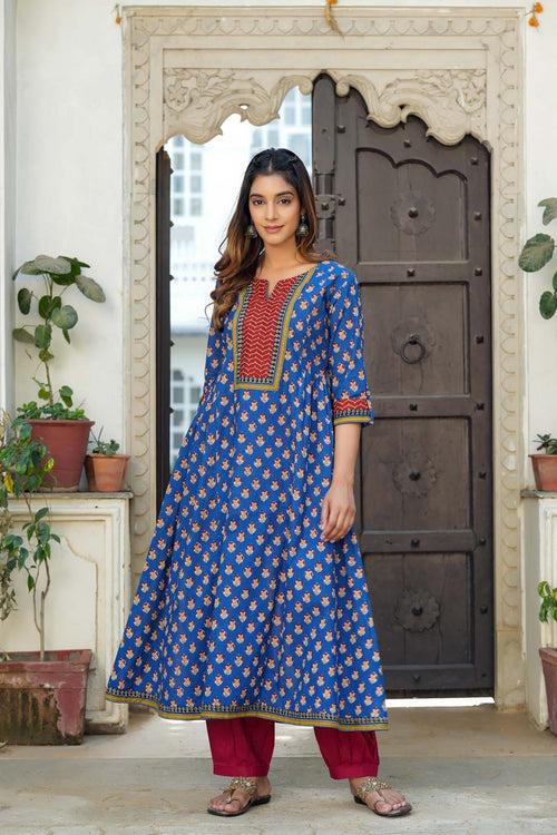 Long Length A-Line Kurta In Ink Blue Buti Print