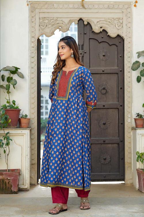 Long Length A-Line Kurta In Ink Blue Buti Print