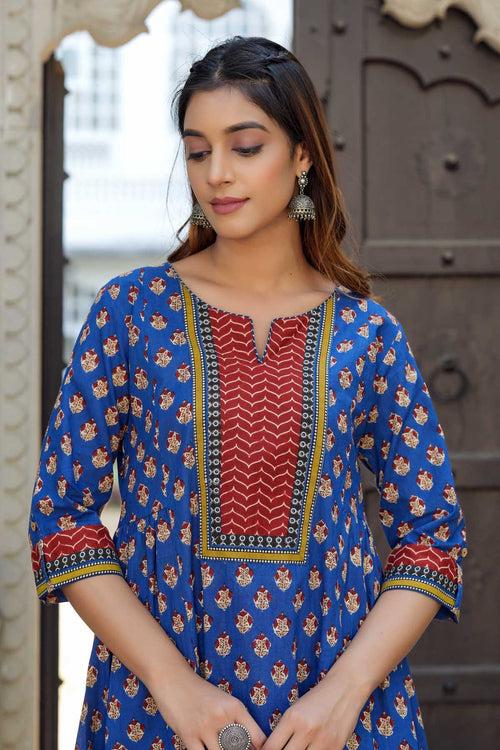 Long Length A-Line Kurta In Ink Blue Buti Print