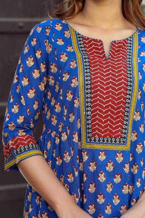 Long Length A-Line Kurta In Ink Blue Buti Print