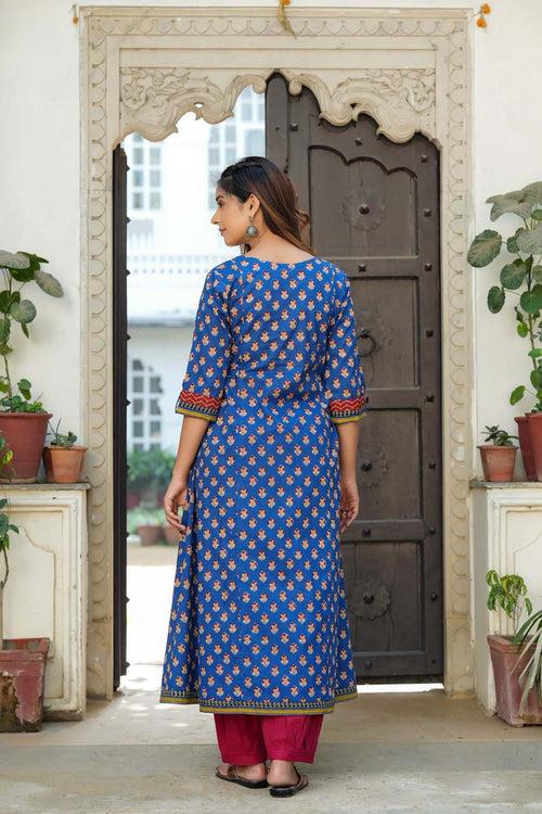 Long Length A-Line Kurta In Ink Blue Buti Print