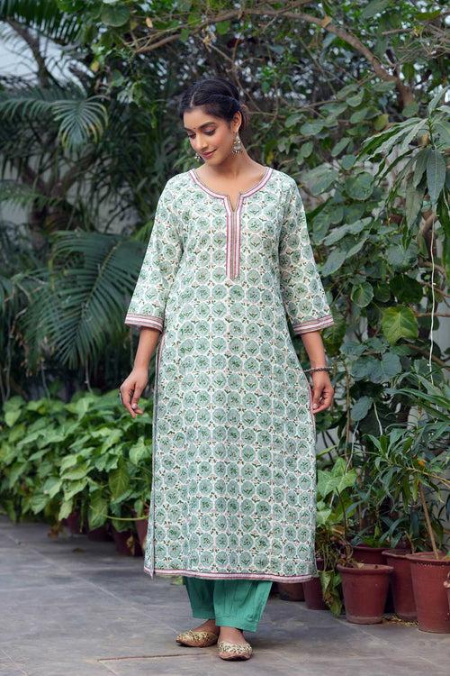 Astringent Green A-Line Kurta In Hand Block Cotton