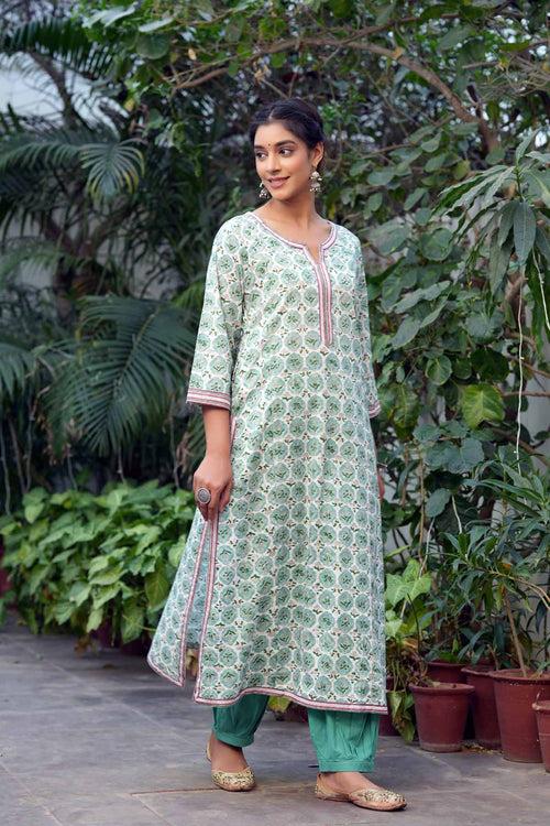 Astringent Green A-Line Kurta In Hand Block Cotton