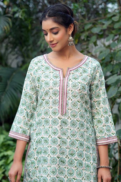 Astringent Green A-Line Kurta In Hand Block Cotton