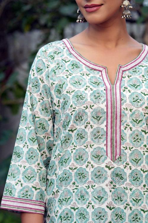 Astringent Green A-Line Kurta In Hand Block Cotton