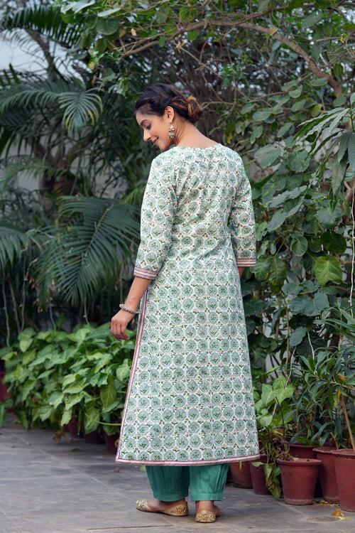 Astringent Green A-Line Kurta In Hand Block Cotton