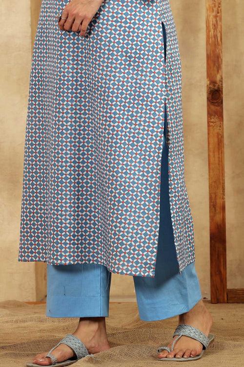 Cotton Straight Pants With In Sky Blue Color