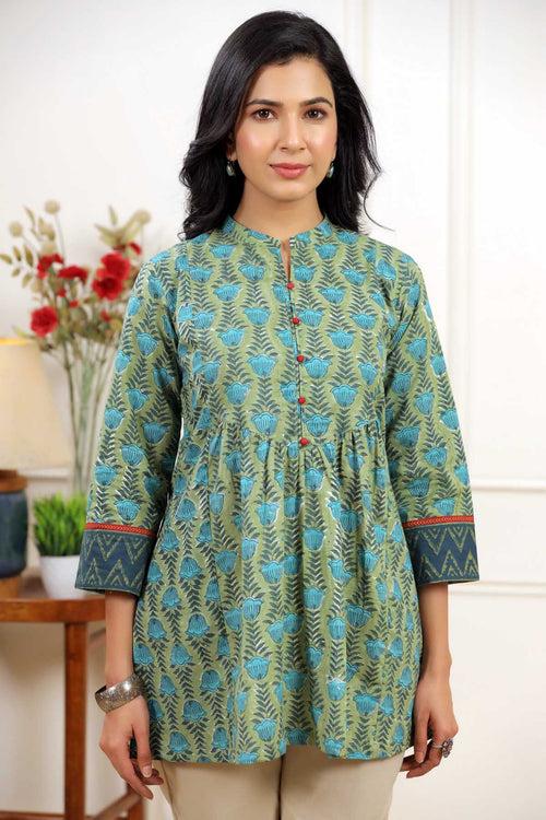 Short Length Collared Kurti In Light Green Color