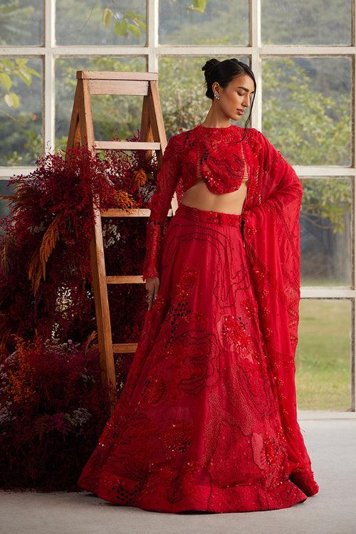 Crimson Glory Lehenga with Embellished Ruffle Veil