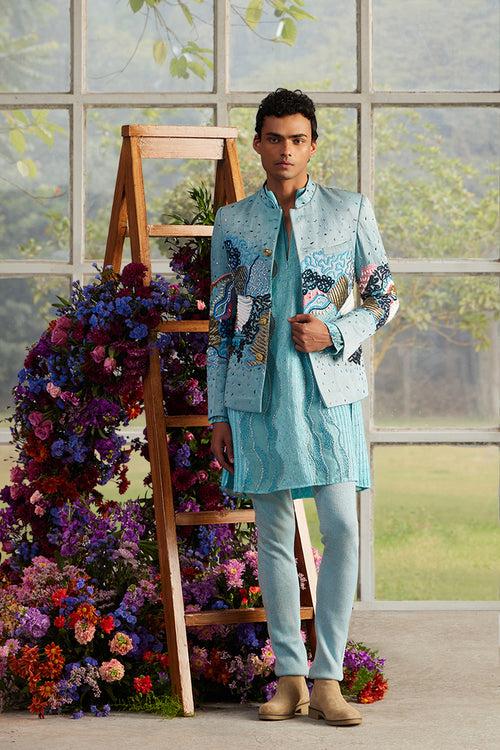 Azure Burst Beaded Bandhgala with Knitted Metallic Pants