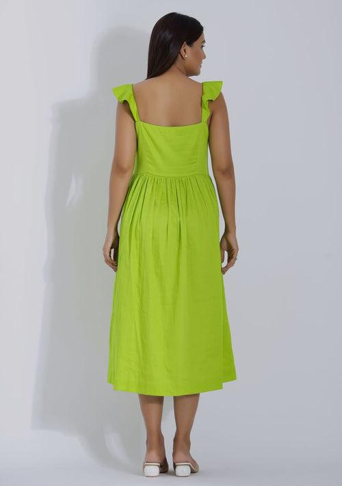 Parrot Green Cotton Summer Midi Dress