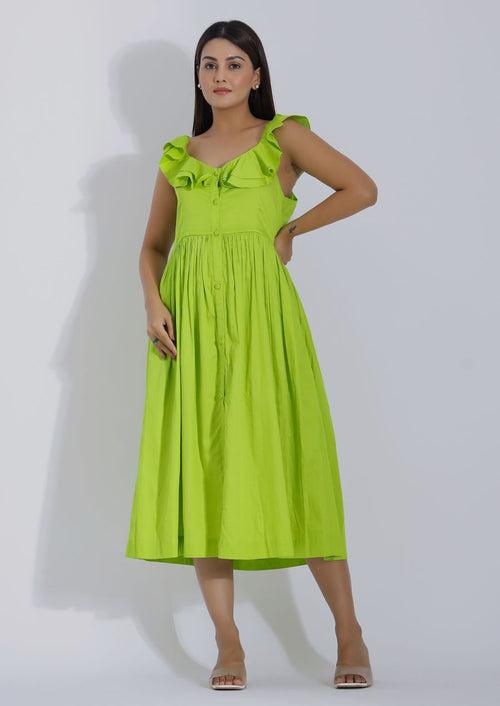 Parrot Green Cotton Summer Midi Dress