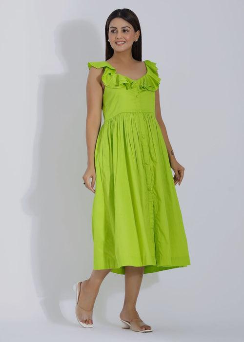 Parrot Green Cotton Summer Midi Dress