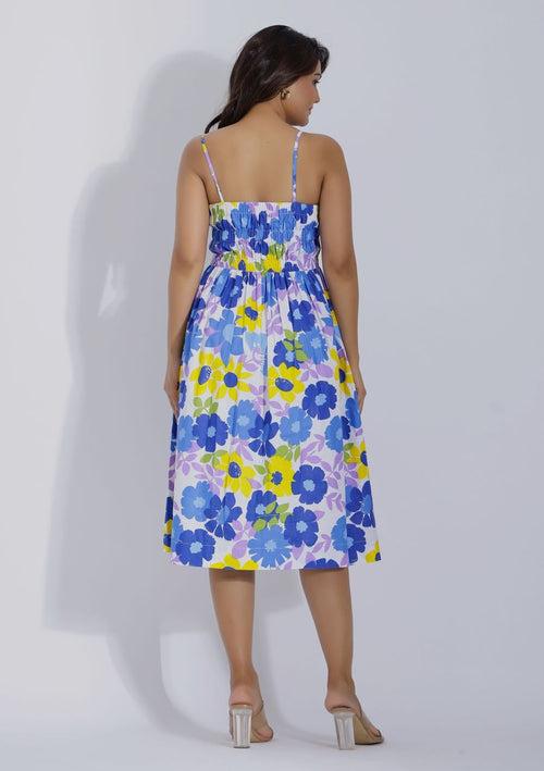 Printed Floral Cotton Dress in Midi Length